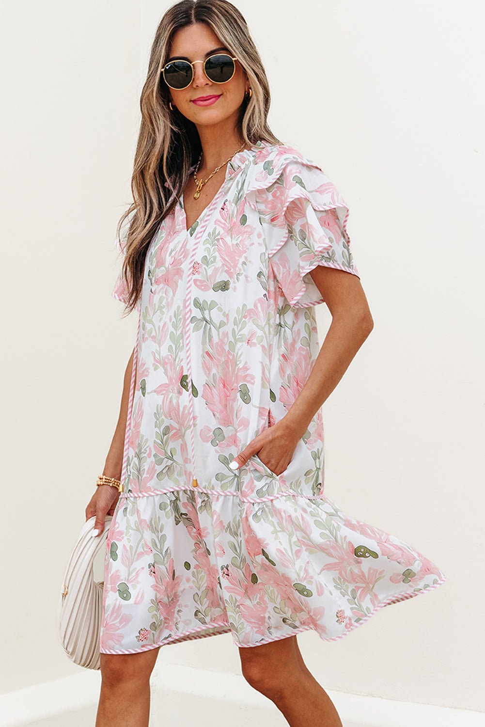 Floral V-Neck Layered Short Sleeve Mini Dress - Rooted & Reckless Co.