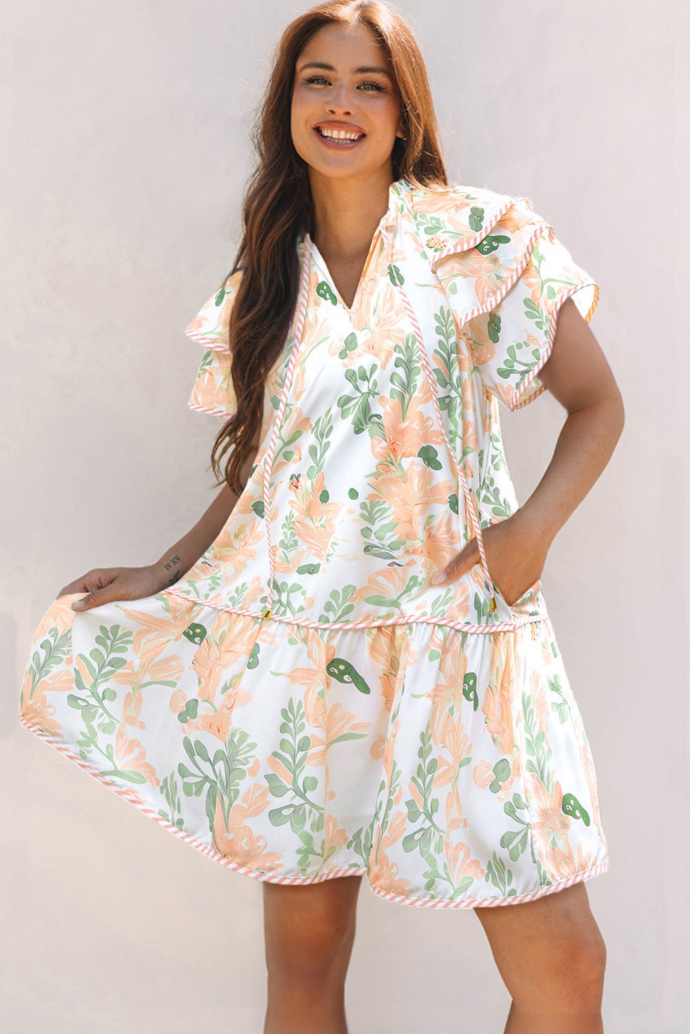 Floral V-Neck Layered Short Sleeve Mini Dress - Rooted & Reckless Co.