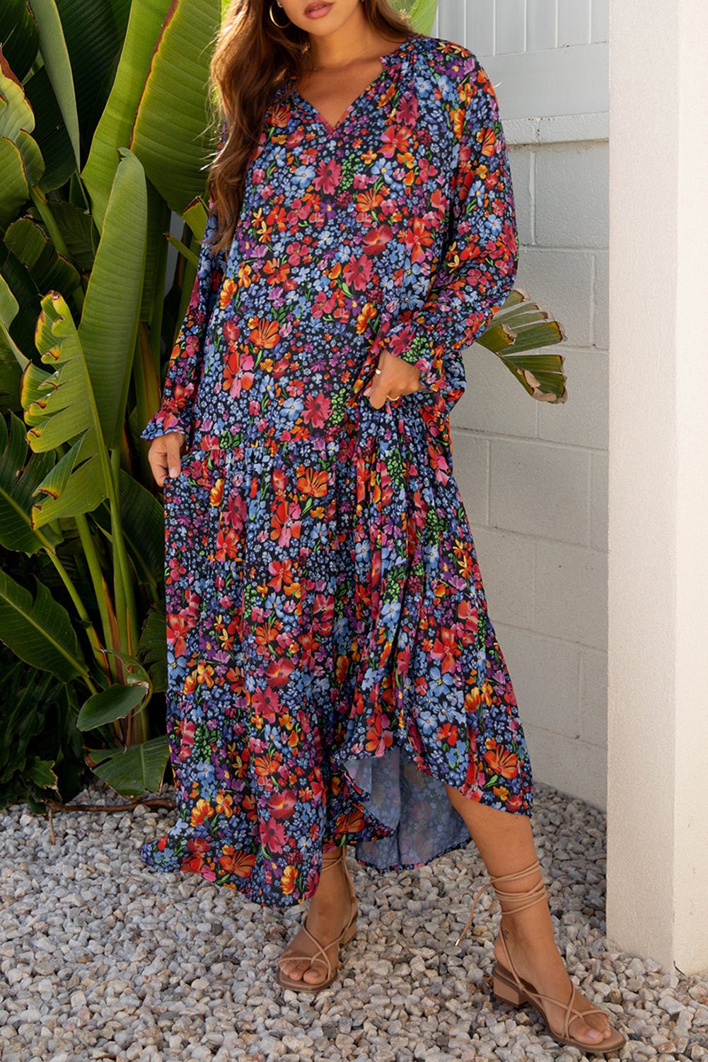 Floral V-Neck Long Sleeve Maxi Dress - Rooted & Reckless Co.