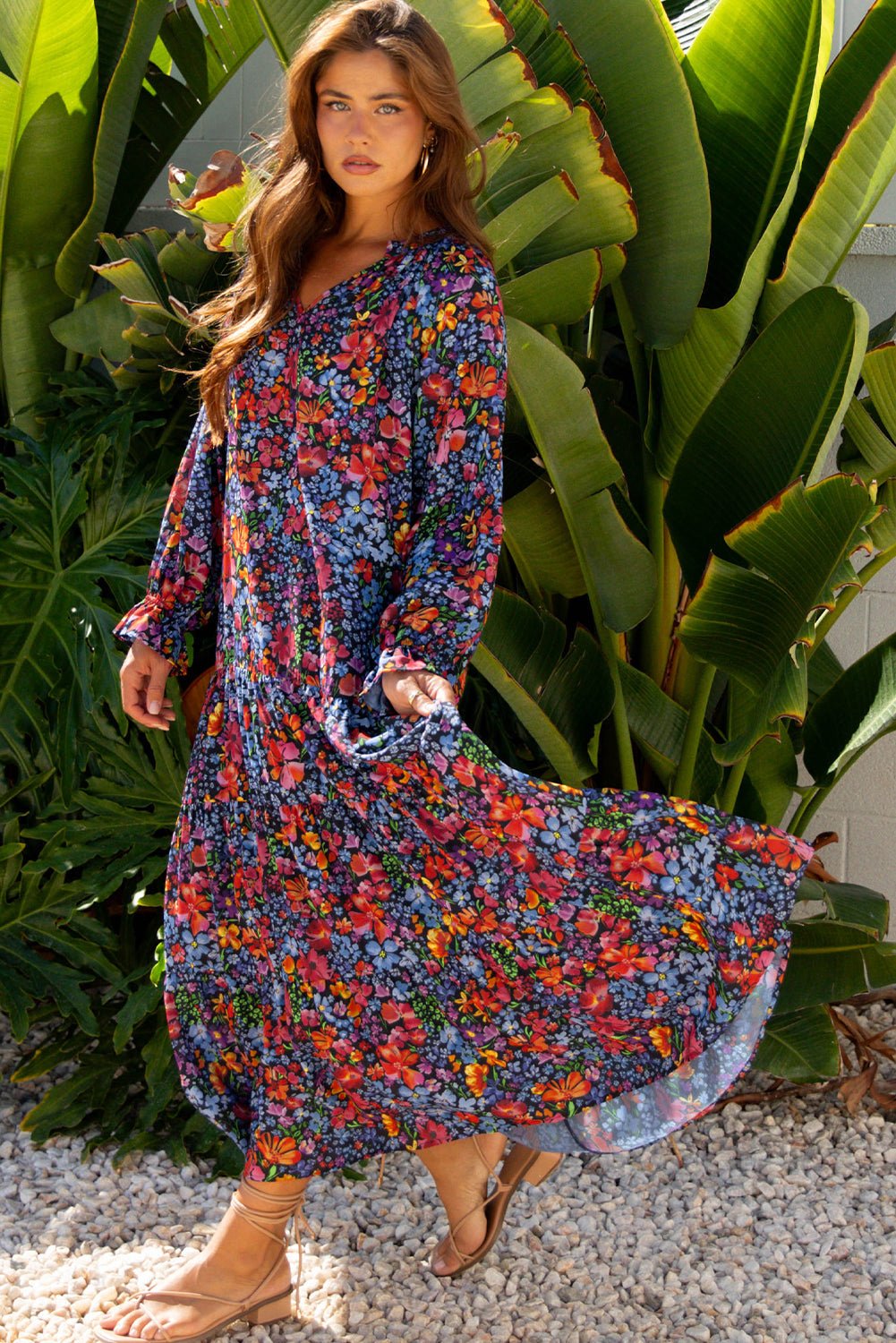 Floral V-Neck Long Sleeve Maxi Dress - Rooted & Reckless Co.