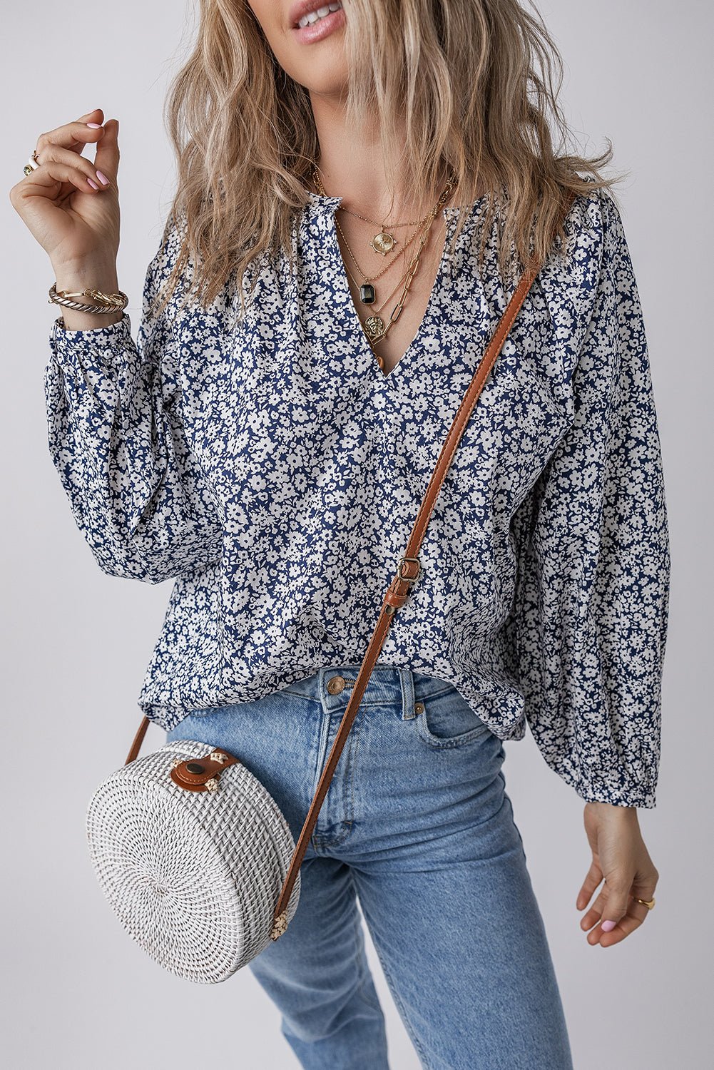 Floral V-Neck Puff Sleeve Blouse - Rooted & Reckless Co.