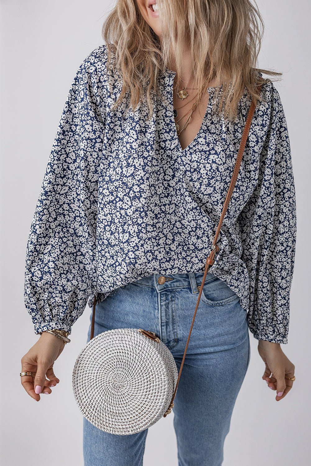 Floral V-Neck Puff Sleeve Blouse - Rooted & Reckless Co.