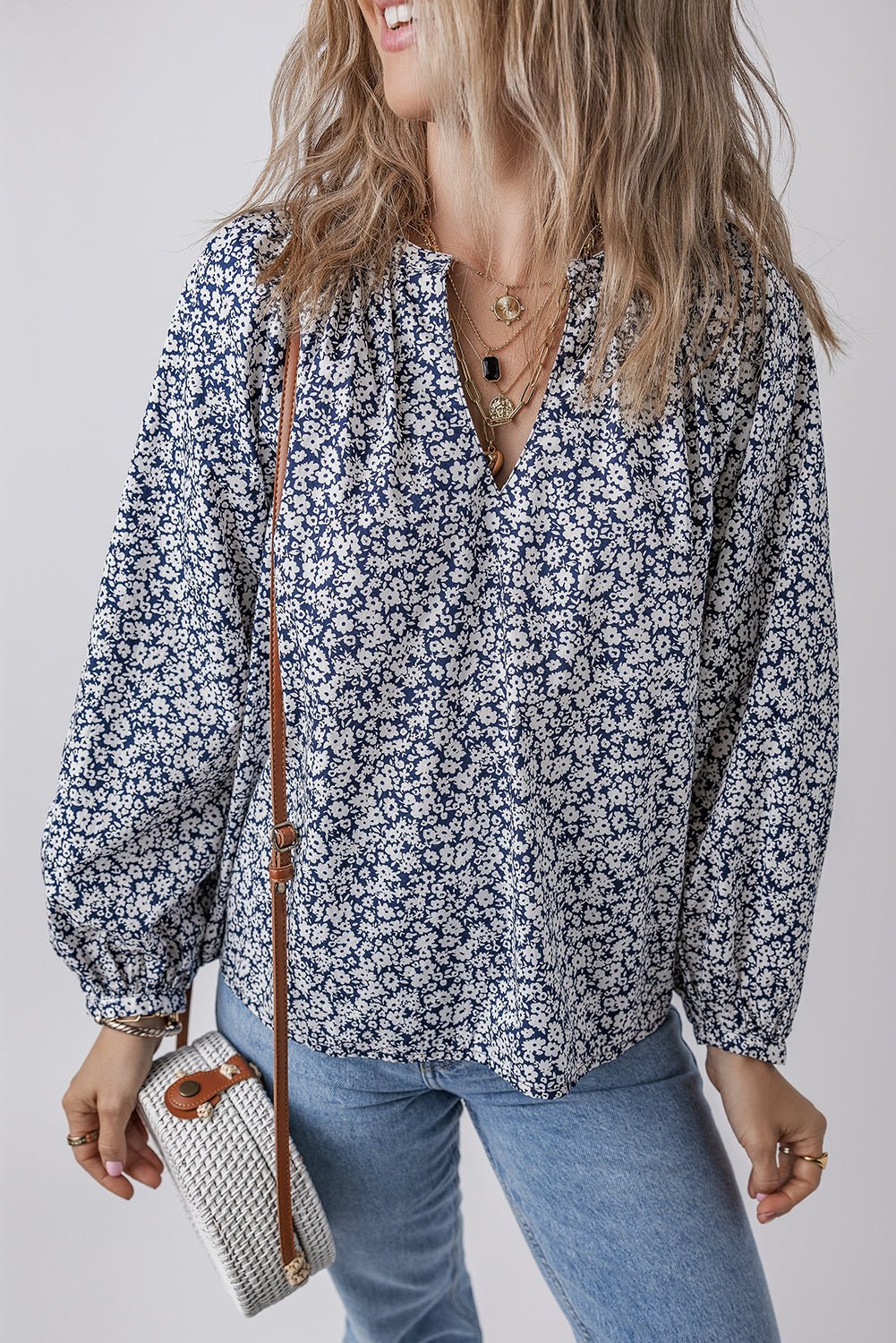 Floral V-Neck Puff Sleeve Blouse - Rooted & Reckless Co.