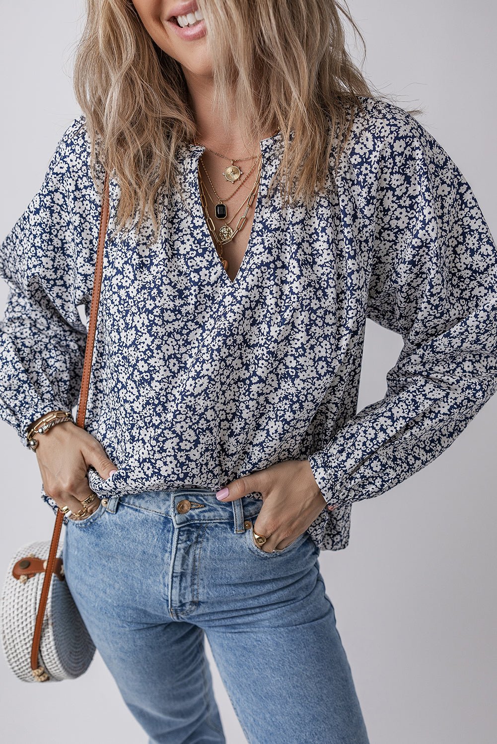 Floral V-Neck Puff Sleeve Blouse - Rooted & Reckless Co.