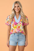 Floral V-Neck Puff Sleeve Cotton Blouse - Rooted & Reckless Co.