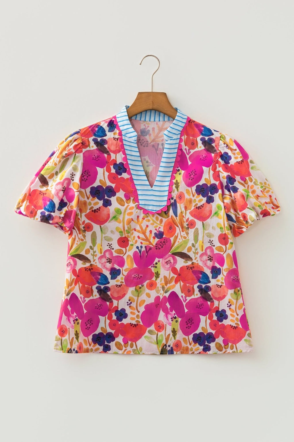 Floral V-Neck Puff Sleeve Cotton Blouse - Rooted & Reckless Co.