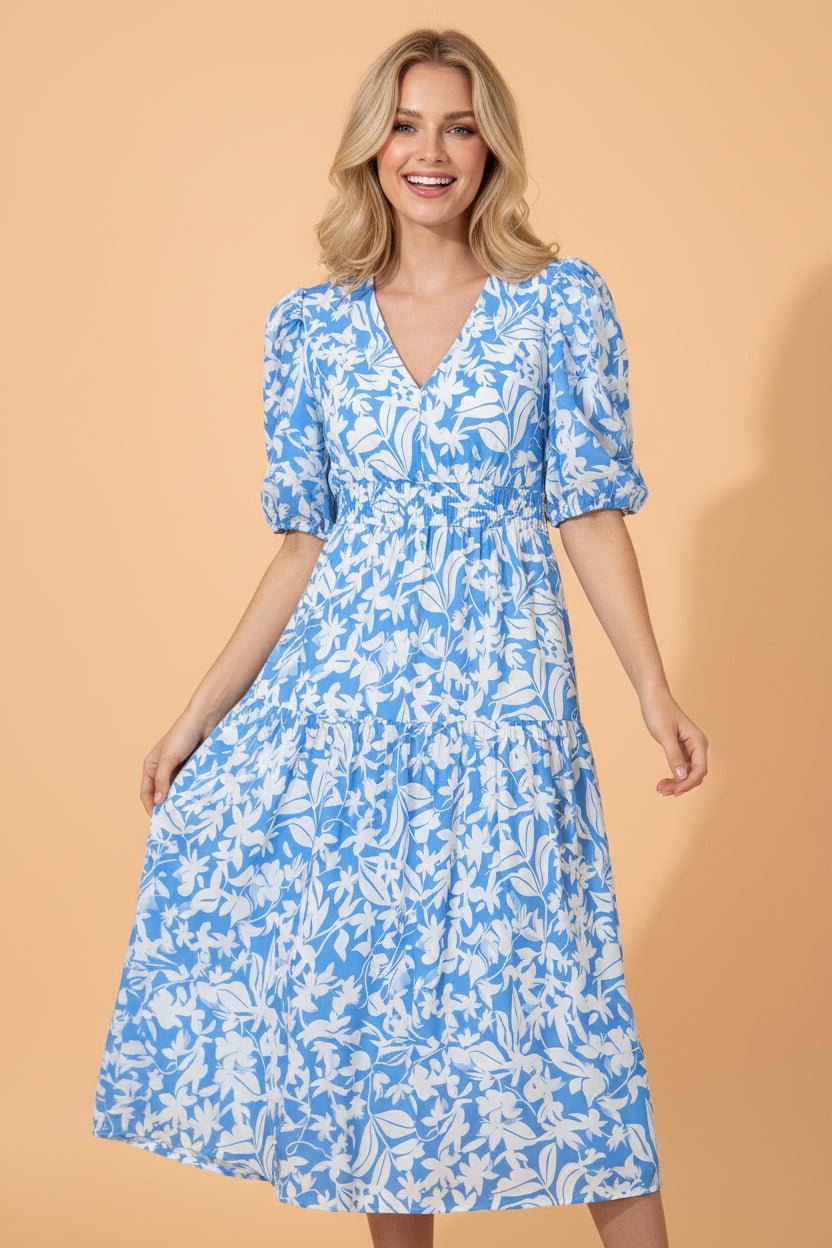 Floral V-Neck Puff Sleeve Flowy Maxi Dress - Rooted & Reckless Co.