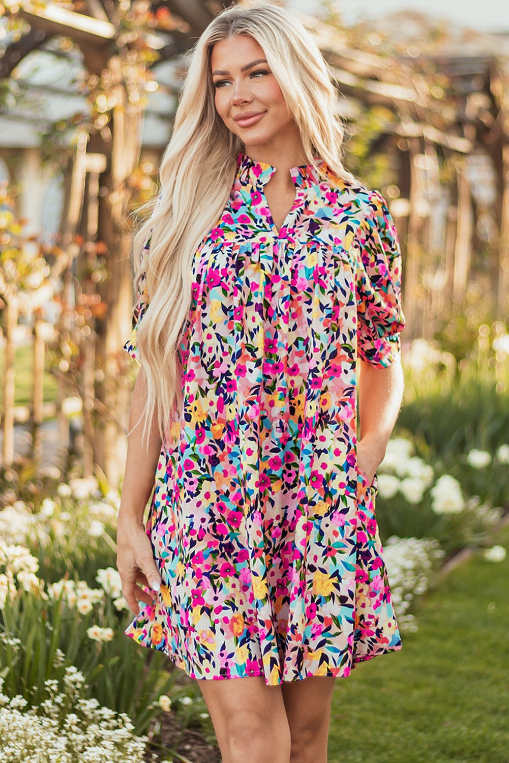 Floral V-Neck Puff Sleeve Mini Dress - Rooted & Reckless Co.