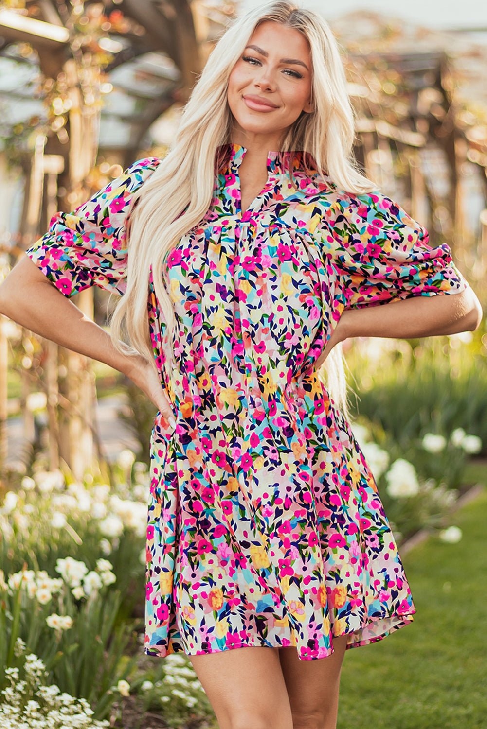 Floral V-Neck Puff Sleeve Mini Dress - Rooted & Reckless Co.