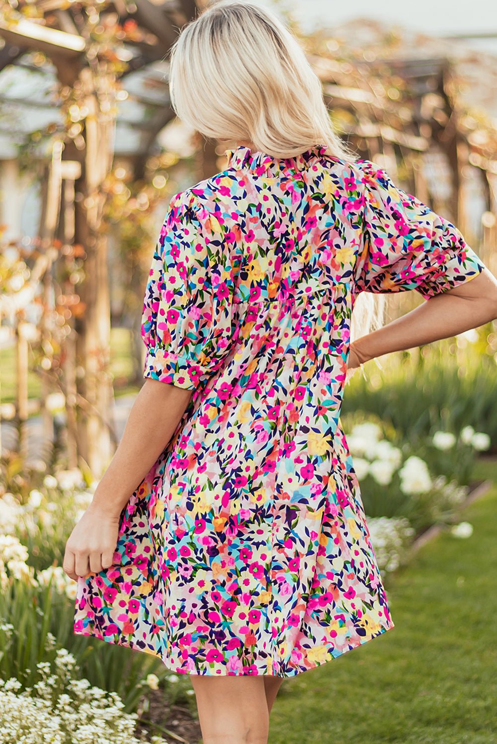 Floral V-Neck Puff Sleeve Mini Dress - Rooted & Reckless Co.
