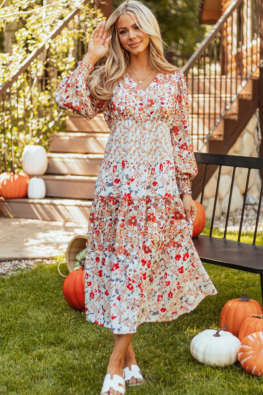 Floral V-Neck Ruffle Long Sleeve Midi Dress - Rooted & Reckless Co.