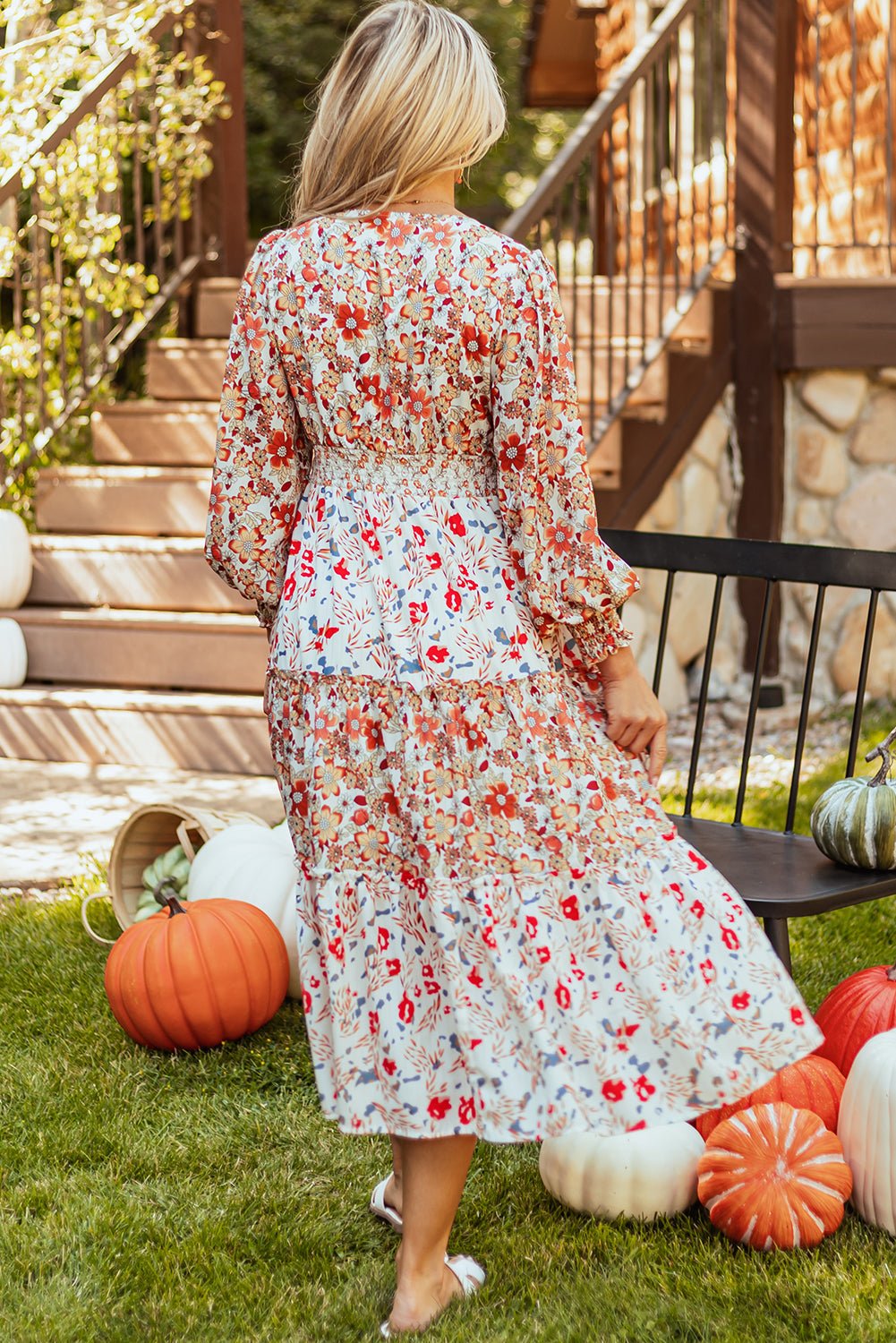 Floral V-Neck Ruffle Long Sleeve Midi Dress - Rooted & Reckless Co.