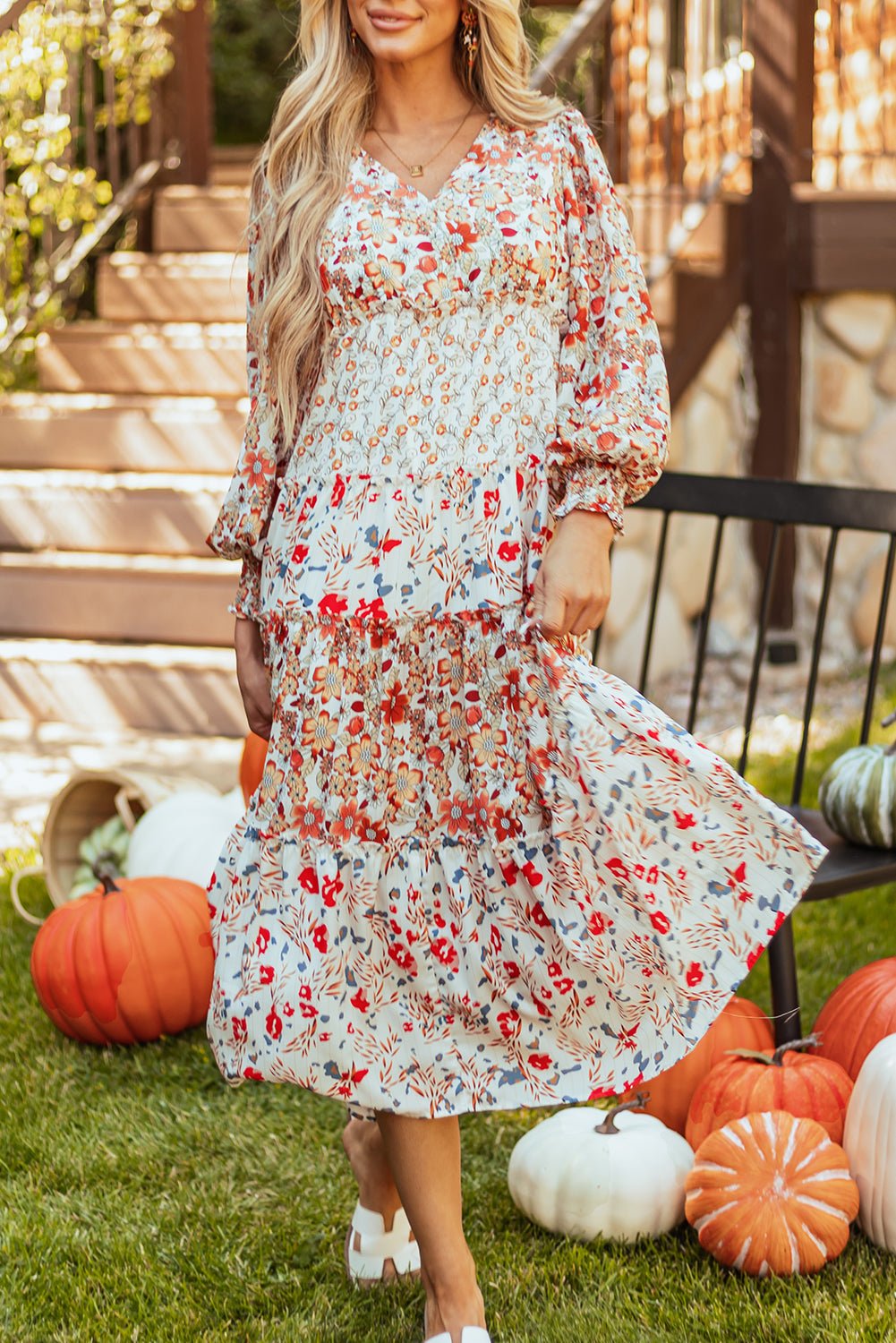 Floral V-Neck Ruffle Long Sleeve Midi Dress - Rooted & Reckless Co.