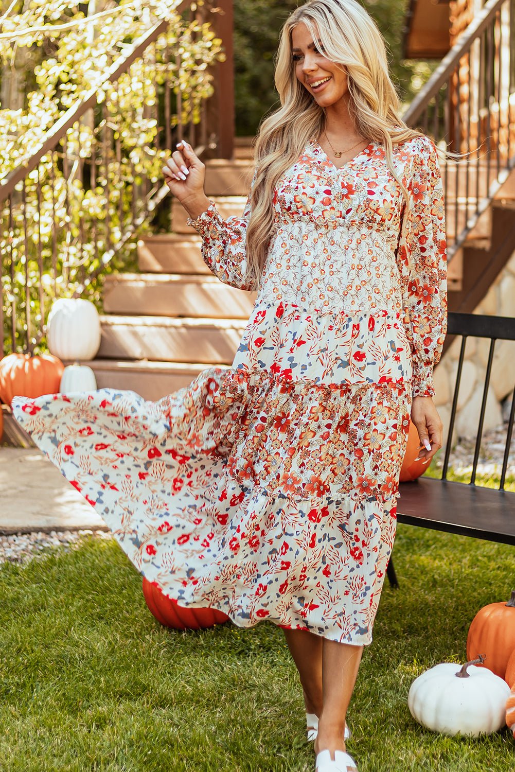 Floral V-Neck Ruffle Long Sleeve Midi Dress - Rooted & Reckless Co.