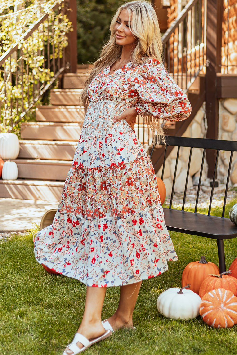 Floral V-Neck Ruffle Long Sleeve Midi Dress - Rooted & Reckless Co.