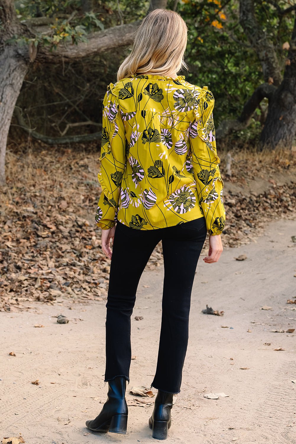 Floral V-Neck Ruffle Trim Long Sleeve Blouse - Rooted & Reckless Co.