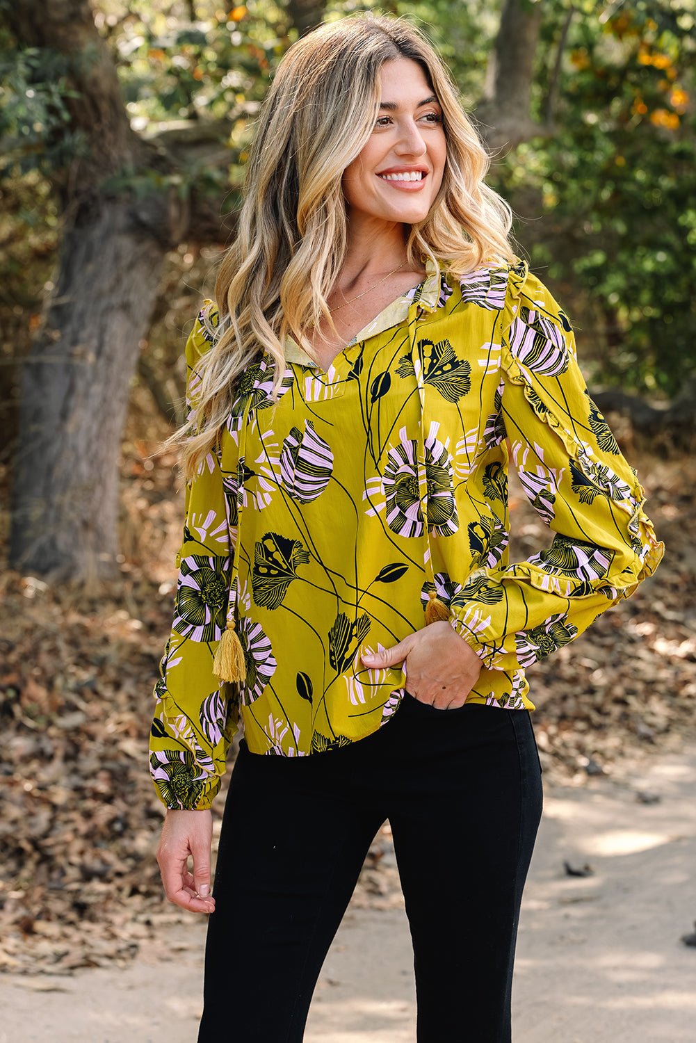 Floral V-Neck Ruffle Trim Long Sleeve Blouse - Rooted & Reckless Co.