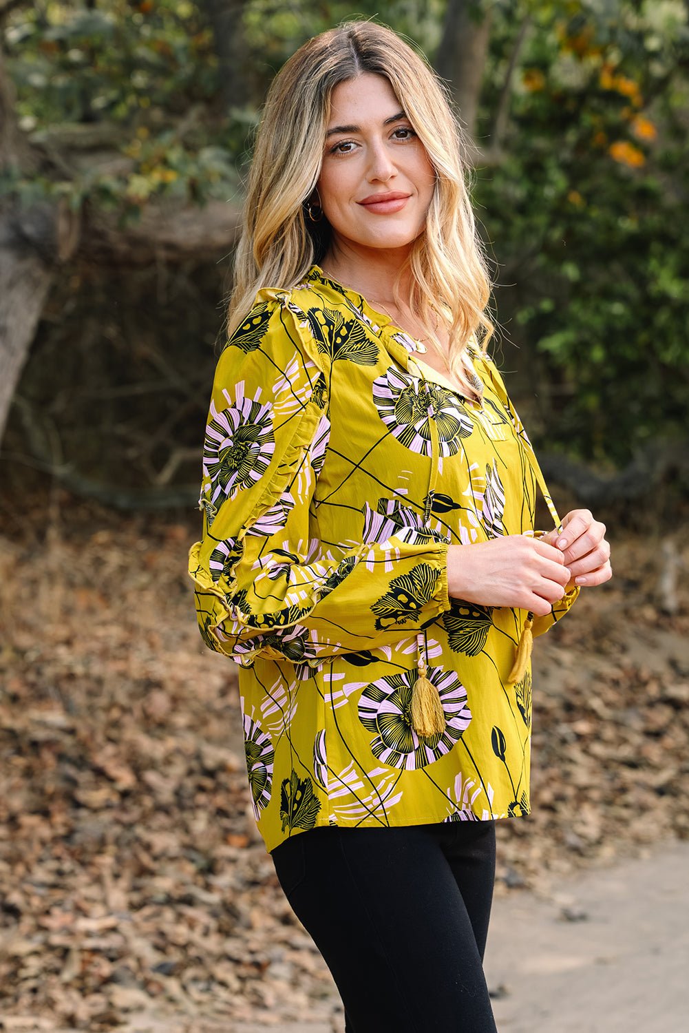 Floral V-Neck Ruffle Trim Long Sleeve Blouse - Rooted & Reckless Co.
