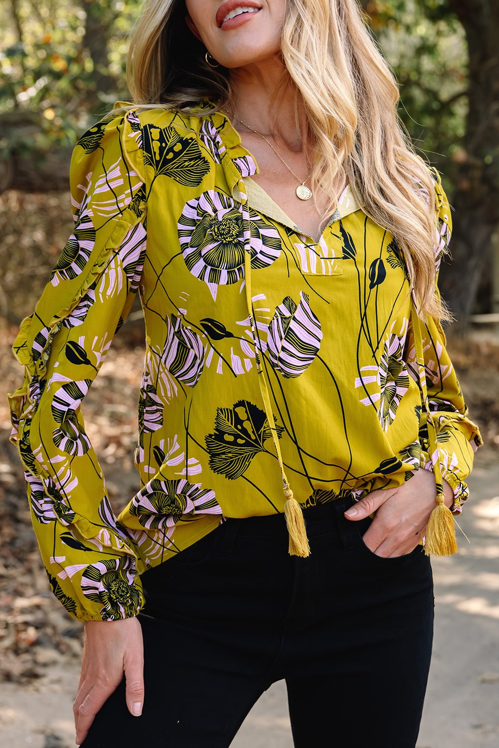 Floral V-Neck Ruffle Trim Long Sleeve Blouse - Rooted & Reckless Co.