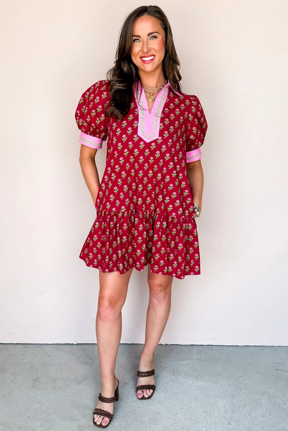 Floral V-Neck Short Bubble Sleeve Mini Dress - Rooted & Reckless Co.