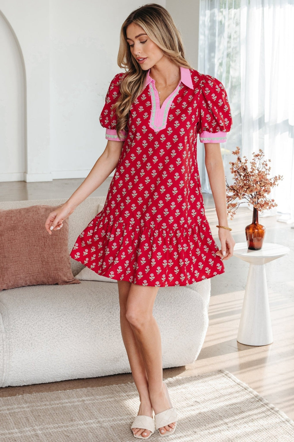 Floral V-Neck Short Bubble Sleeve Mini Dress - Rooted & Reckless Co.