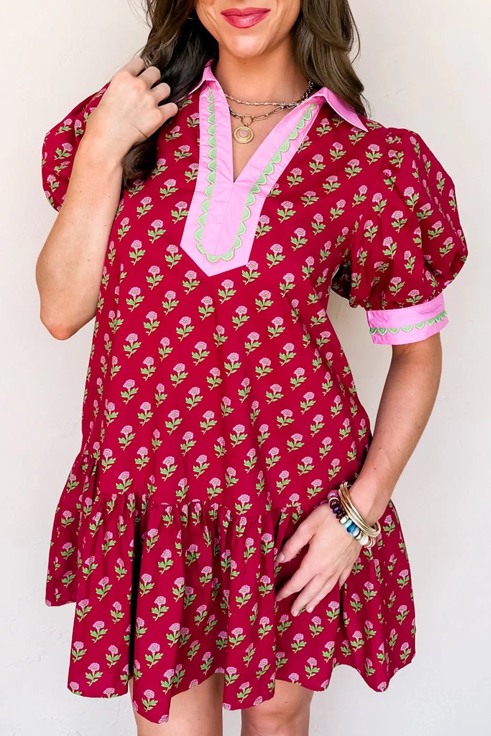 Floral V-Neck Short Bubble Sleeve Mini Dress - Rooted & Reckless Co.