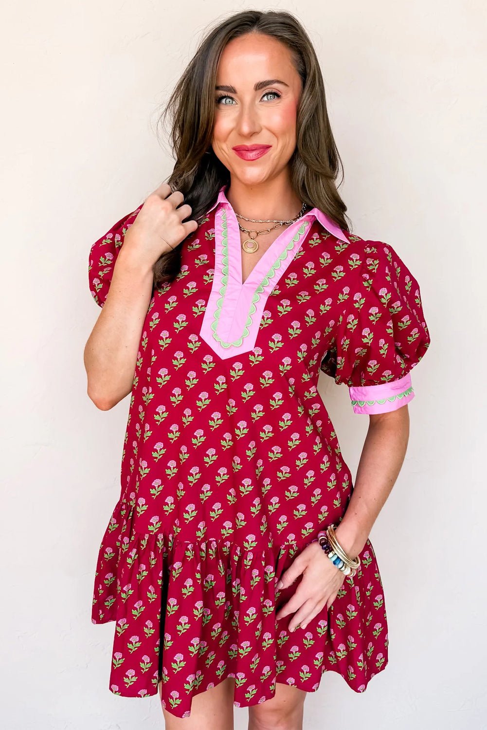 Floral V-Neck Short Bubble Sleeve Mini Dress - Rooted & Reckless Co.