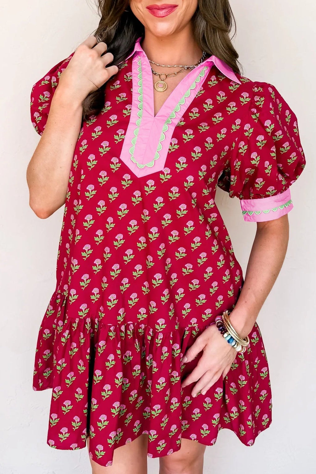 Floral V-Neck Short Bubble Sleeve Mini Dress - Rooted & Reckless Co.