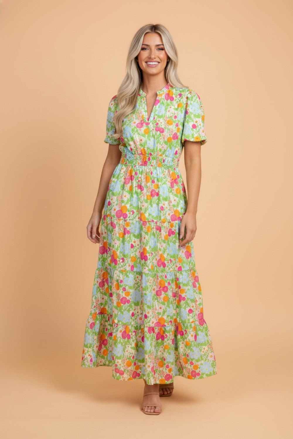 Floral V-Neck Short Puff Sleeve Maxi Dress - Rooted & Reckless Co.