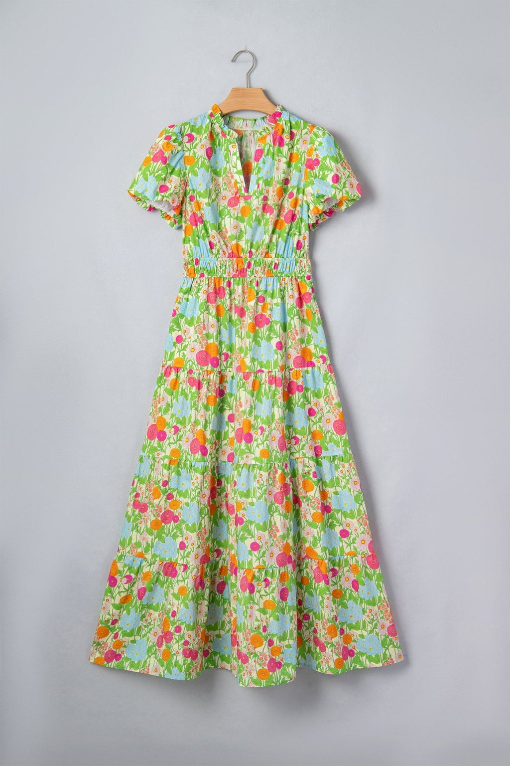 Floral V-Neck Short Puff Sleeve Maxi Dress - Rooted & Reckless Co.