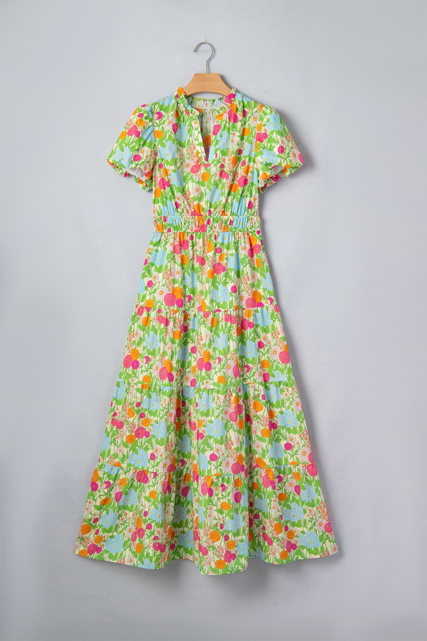 Floral V-Neck Short Puff Sleeve Maxi Dress - Rooted & Reckless Co.