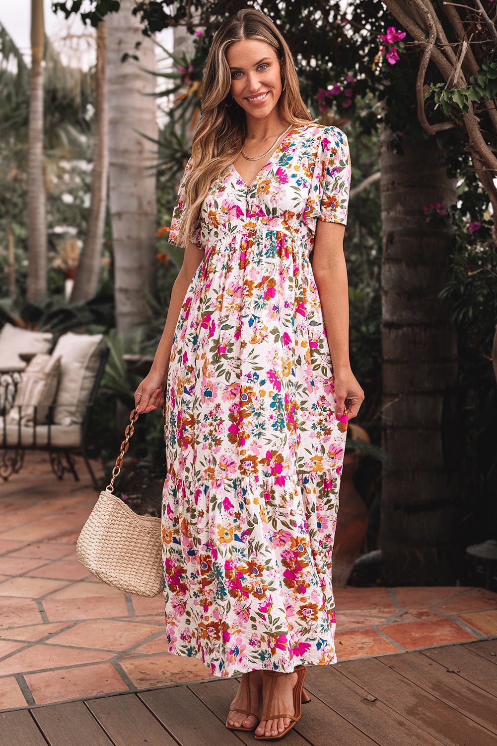 Floral V-Neck Short Sleeve Maxi Dress - Rooted & Reckless Co.