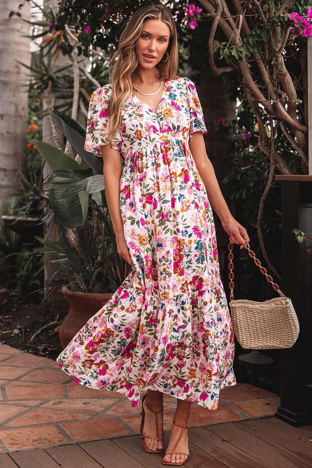 Floral V-Neck Short Sleeve Maxi Dress - Rooted & Reckless Co.