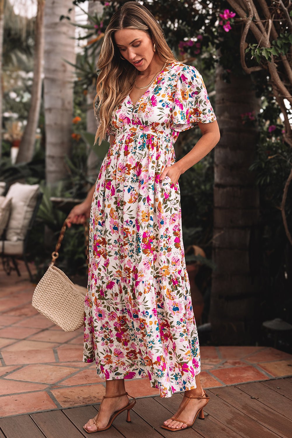 Floral V-Neck Short Sleeve Maxi Dress - Rooted & Reckless Co.