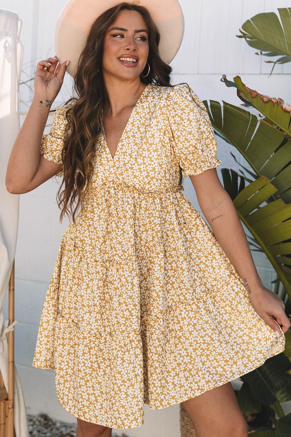 Floral V-Neck Short Sleeve Tiered Mini Dress - Rooted & Reckless Co.