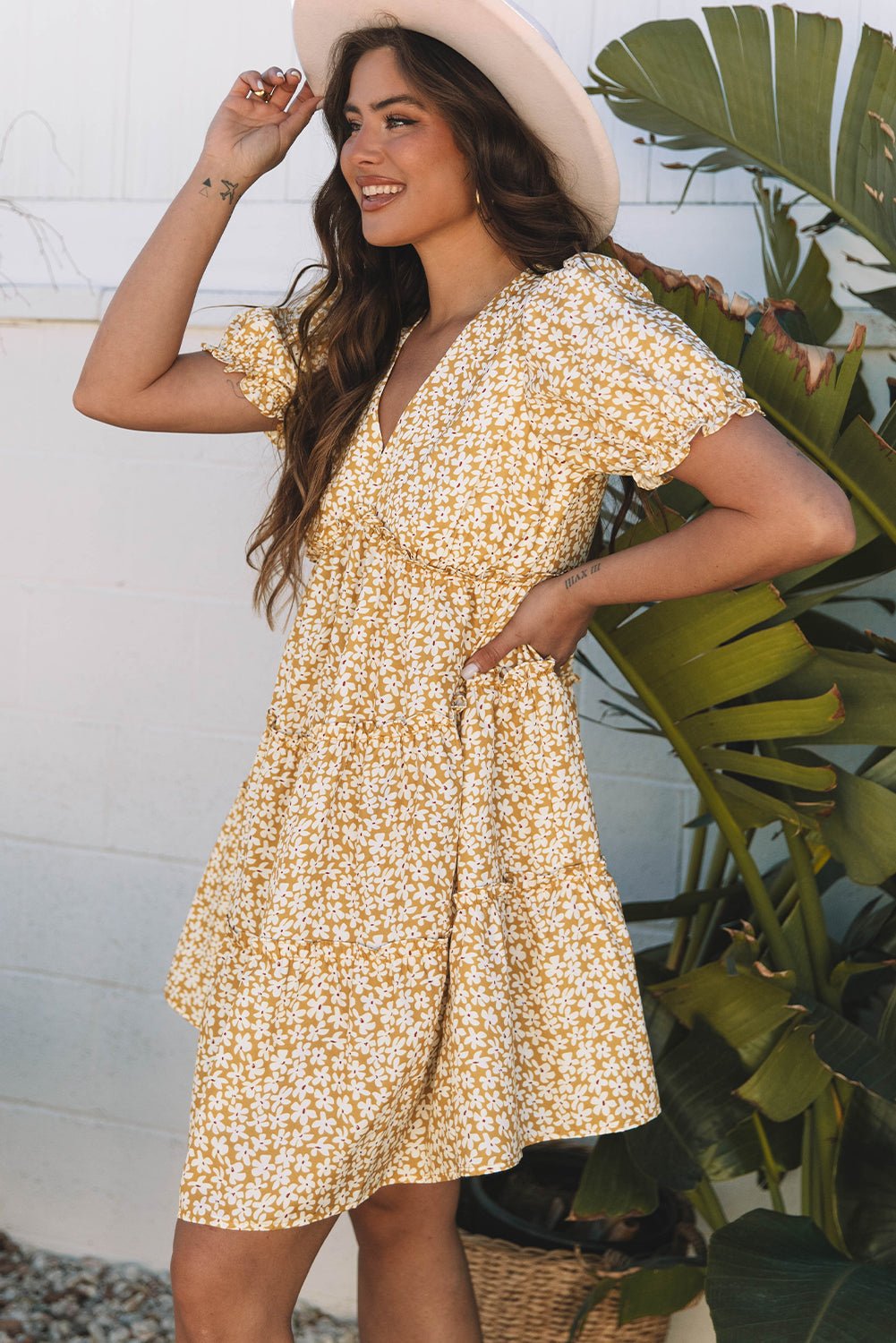 Floral V-Neck Short Sleeve Tiered Mini Dress - Rooted & Reckless Co.
