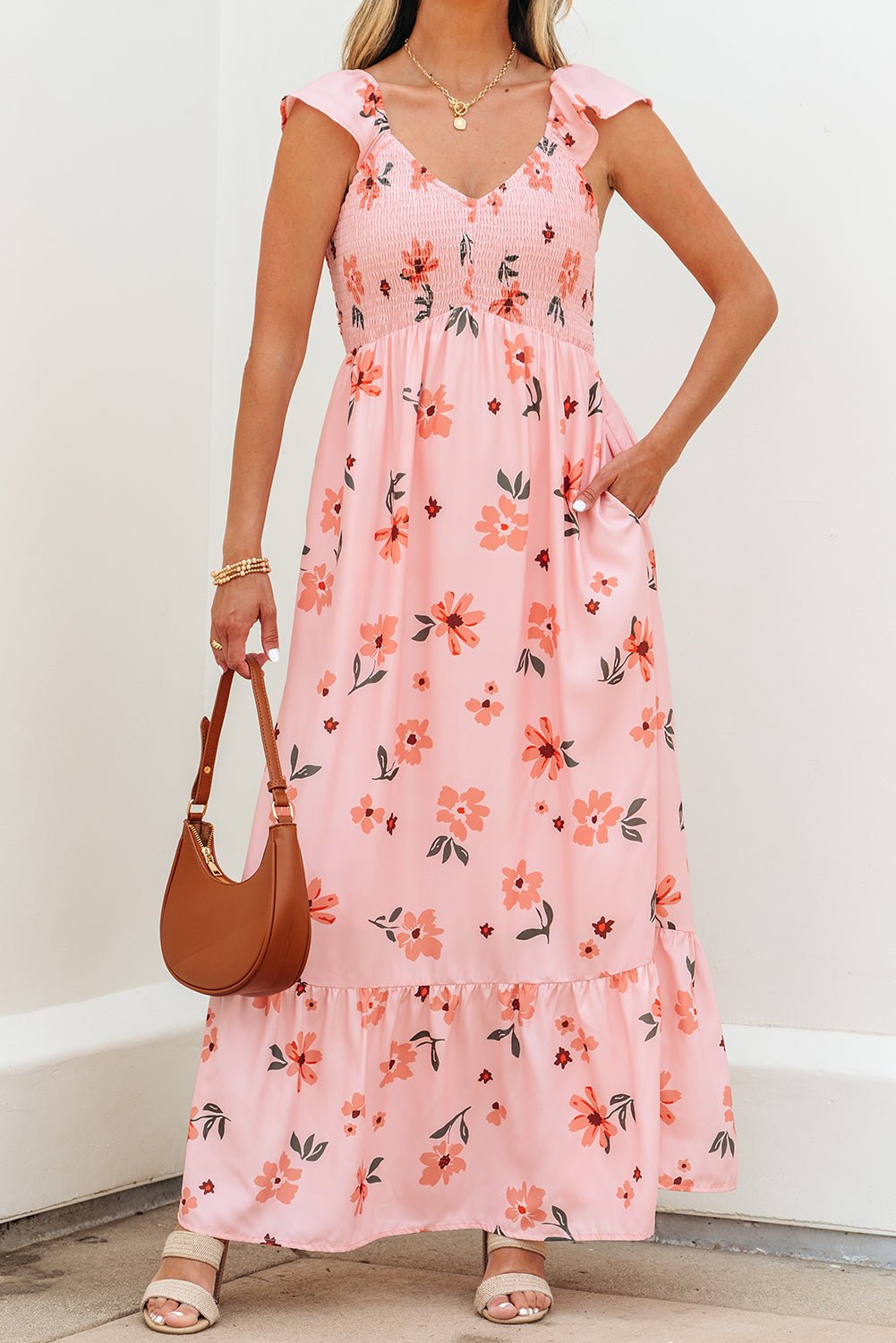 Floral V-Neck Smocked Ruffle Hem Maxi Dress - Rooted & Reckless Co.