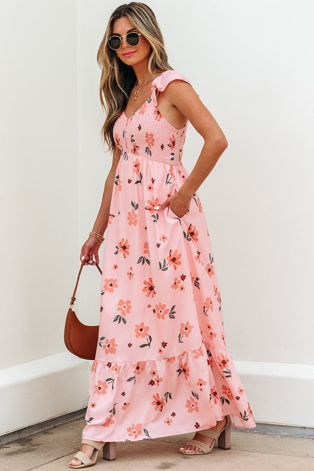 Floral V-Neck Smocked Ruffle Hem Maxi Dress - Rooted & Reckless Co.