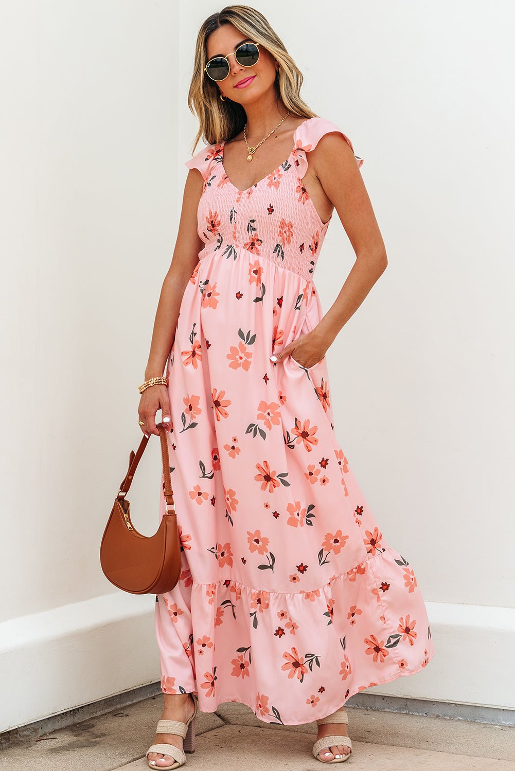 Floral V-Neck Smocked Ruffle Hem Maxi Dress - Rooted & Reckless Co.