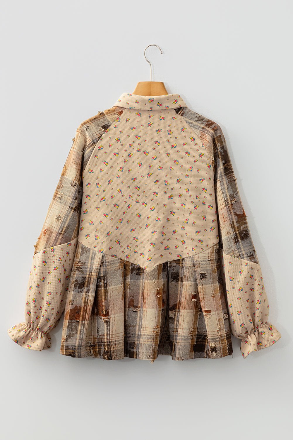 Floral Waffle Knit Plaid Patchwork Ruffle Shacket - Rooted & Reckless Co.