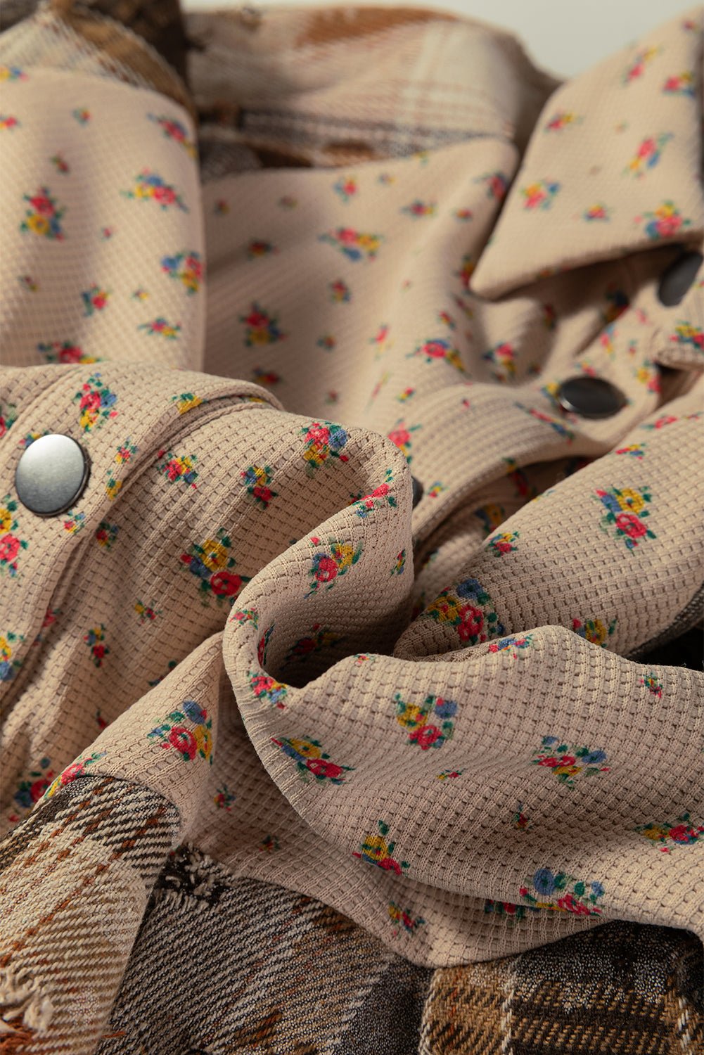 Floral Waffle Knit Plaid Patchwork Ruffle Shacket - Rooted & Reckless Co.