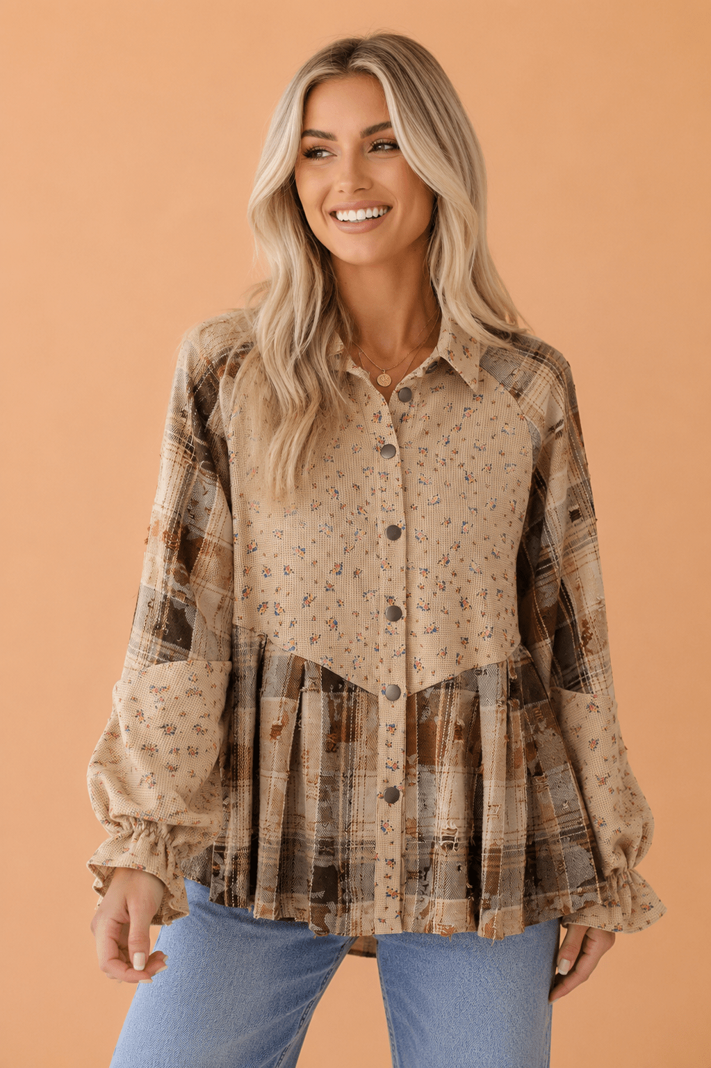 Floral Waffle Knit Plaid Patchwork Ruffle Shacket - Rooted & Reckless Co.