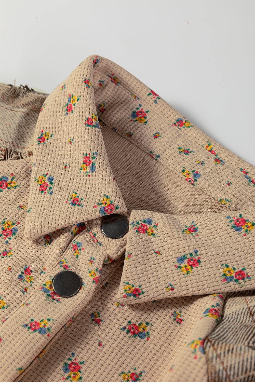 Floral Waffle Knit Plaid Patchwork Ruffle Shacket - Rooted & Reckless Co.