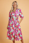 Floral Zip-Up V-Neck Short Puff Sleeve Dress - Rooted & Reckless Co.