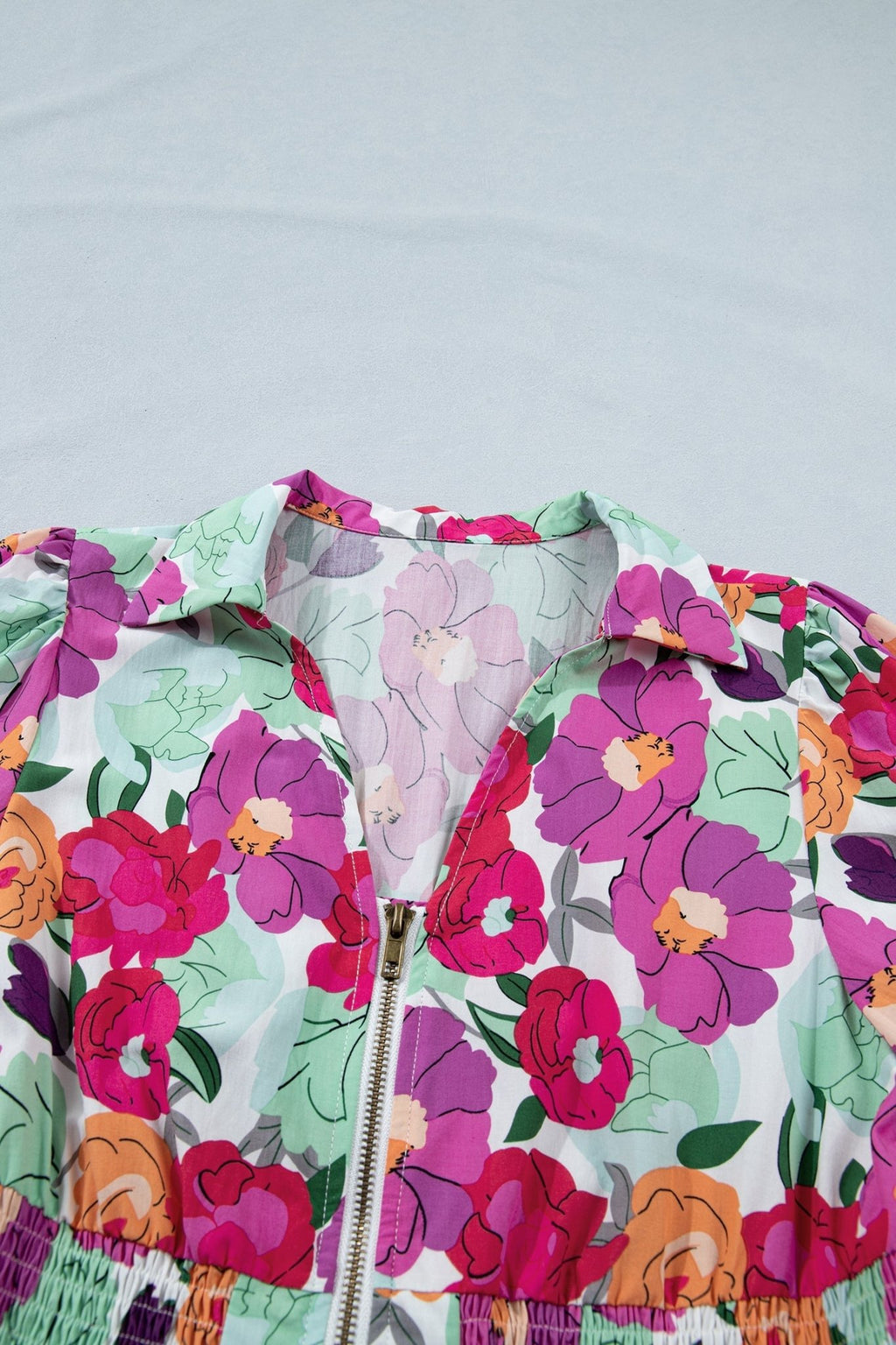 Floral Zip-Up V-Neck Short Puff Sleeve Dress - Rooted & Reckless Co.