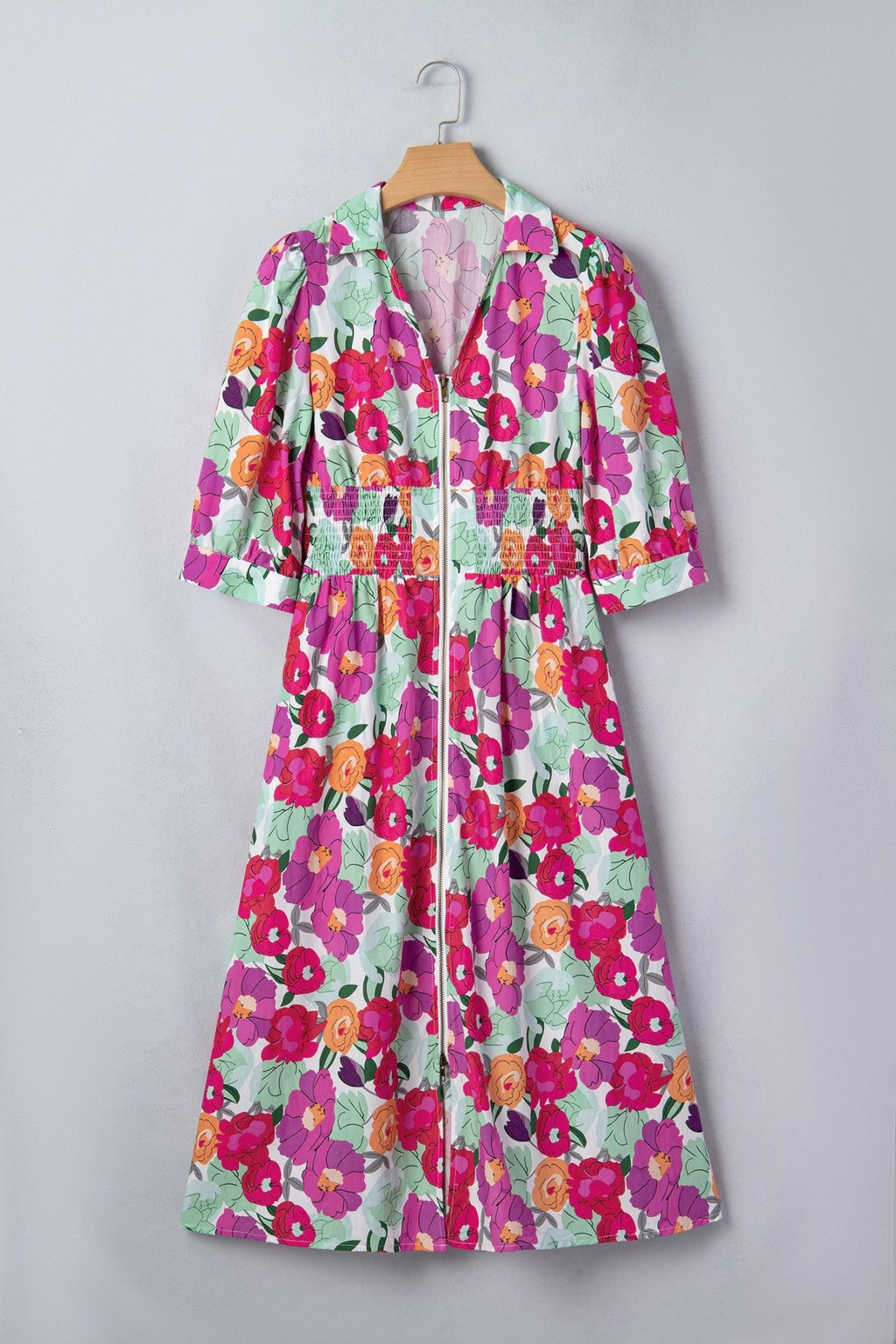 Floral Zip-Up V-Neck Short Puff Sleeve Dress - Rooted & Reckless Co.