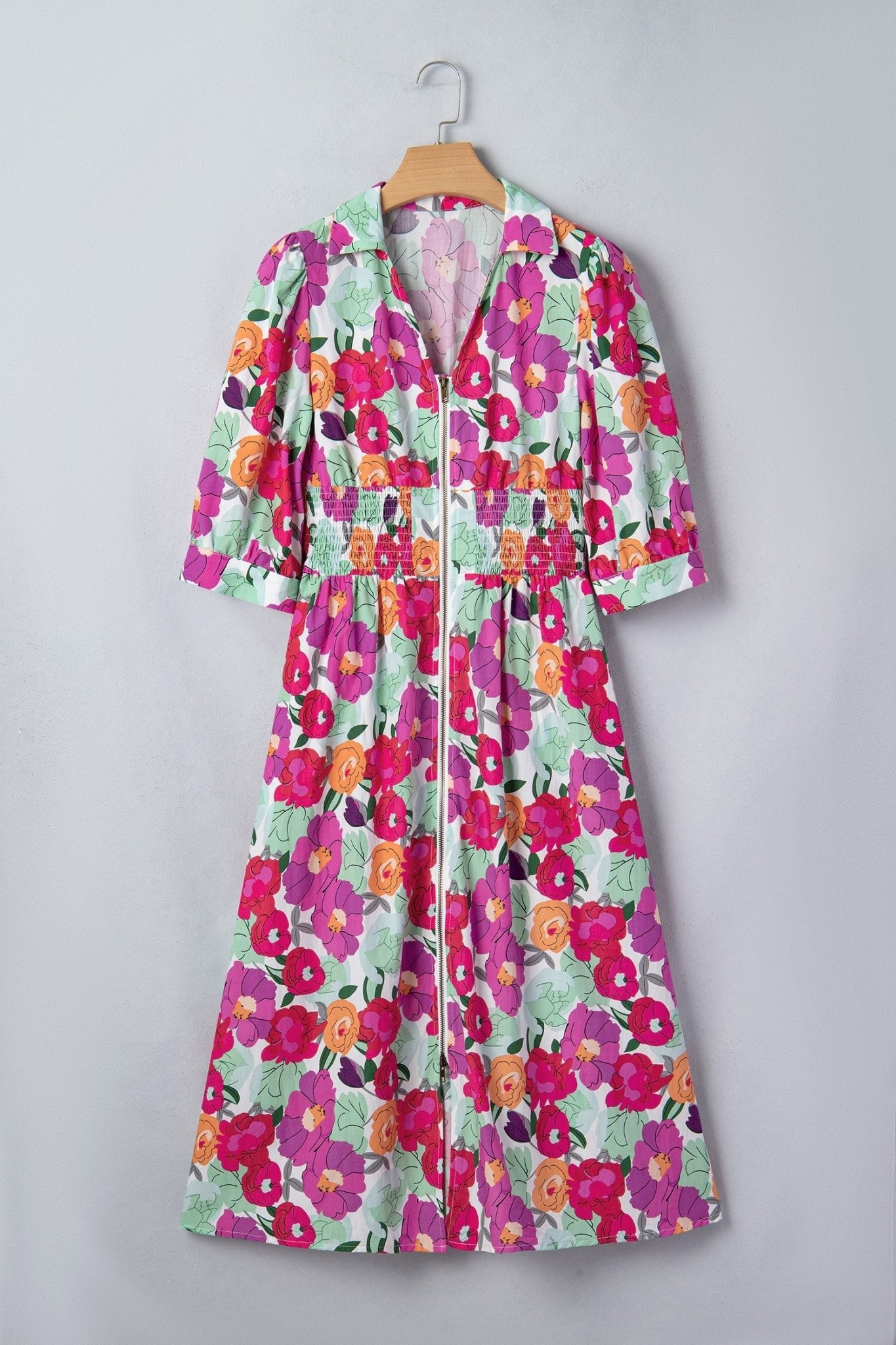 Floral Zip-Up V-Neck Short Puff Sleeve Dress - Rooted & Reckless Co.