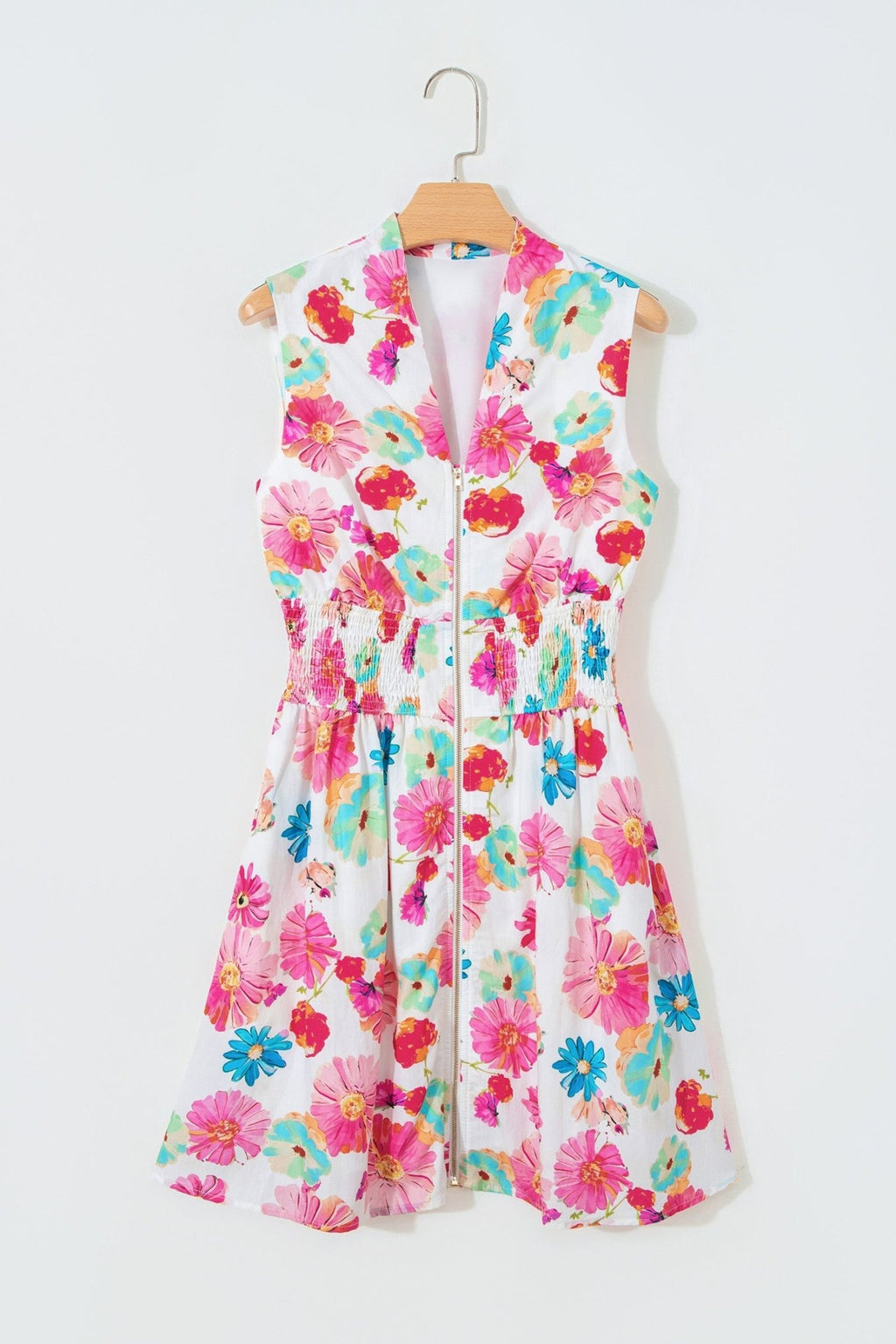 Floral Zip Up V-Neck Smocked Flared Mini Dress - Rooted & Reckless Co.