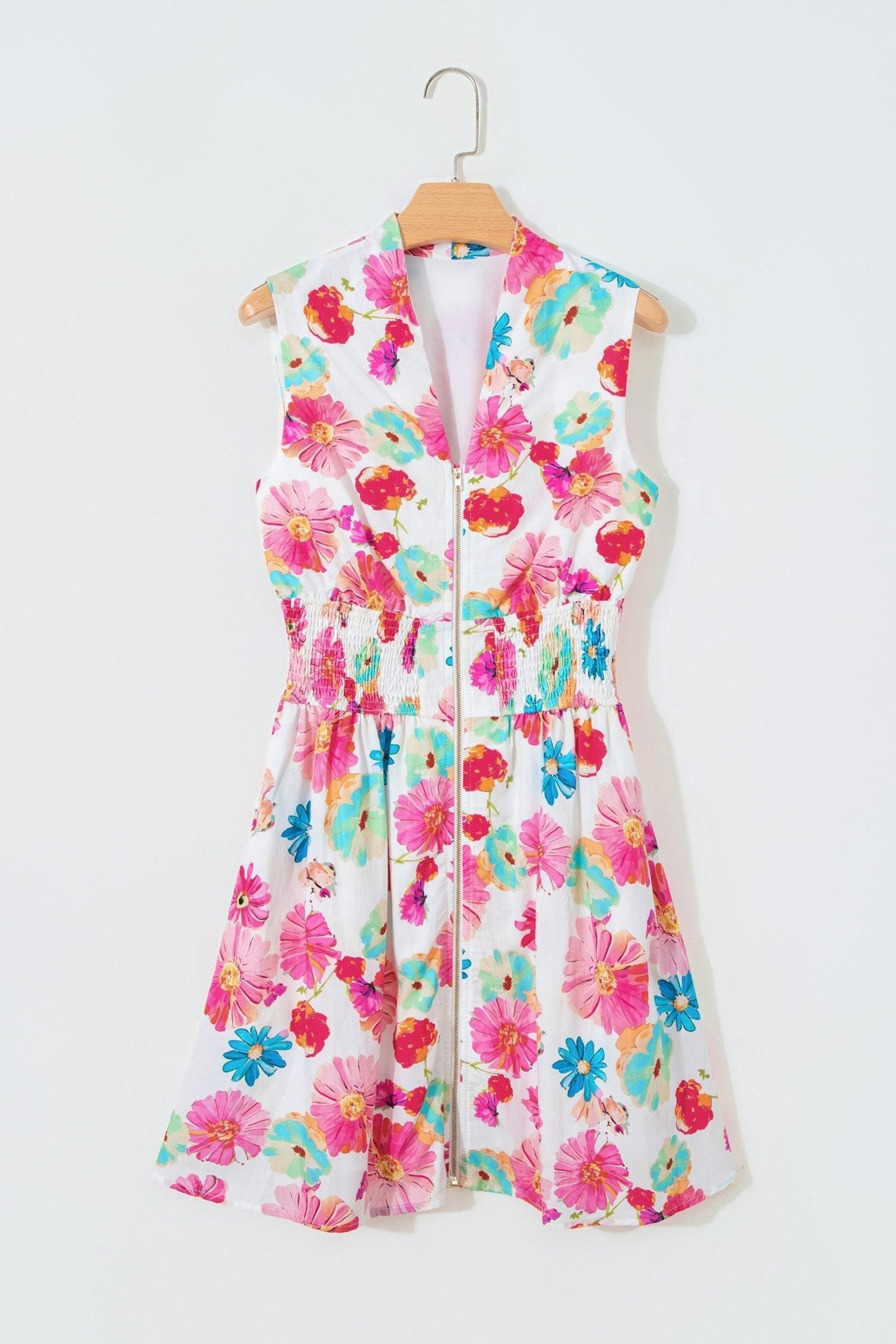 Floral Zip Up V-Neck Smocked Flared Mini Dress - Rooted & Reckless Co.