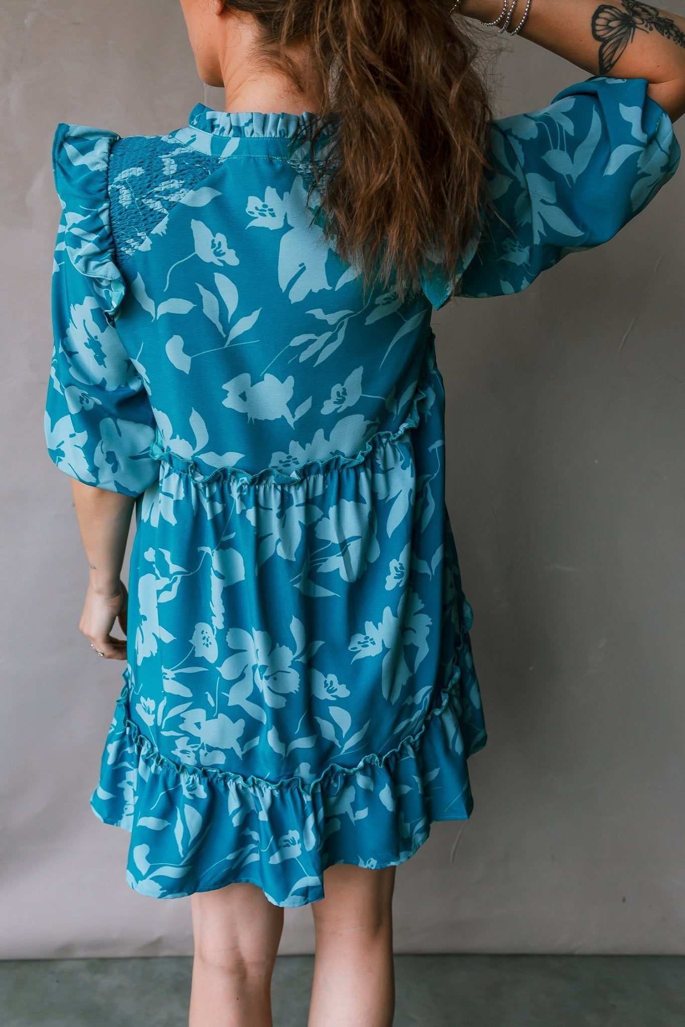 Flower 3/4 Sleeve Ruffle Tiered Dress - Rooted & Reckless Co.